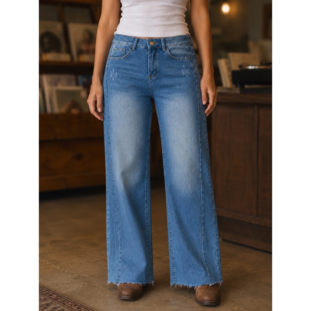 Commense High Rise Wide Leg Raw Hem Jeans Women Medium Light Wash